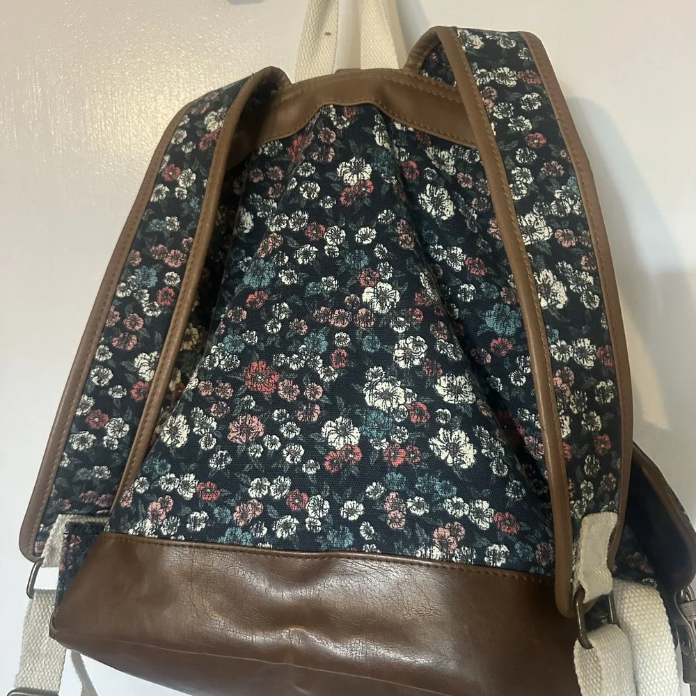 Vintage Y2K MUDD Canvas Floral Print Boho Backpack Satchel Bag‎ w/Leather Trim